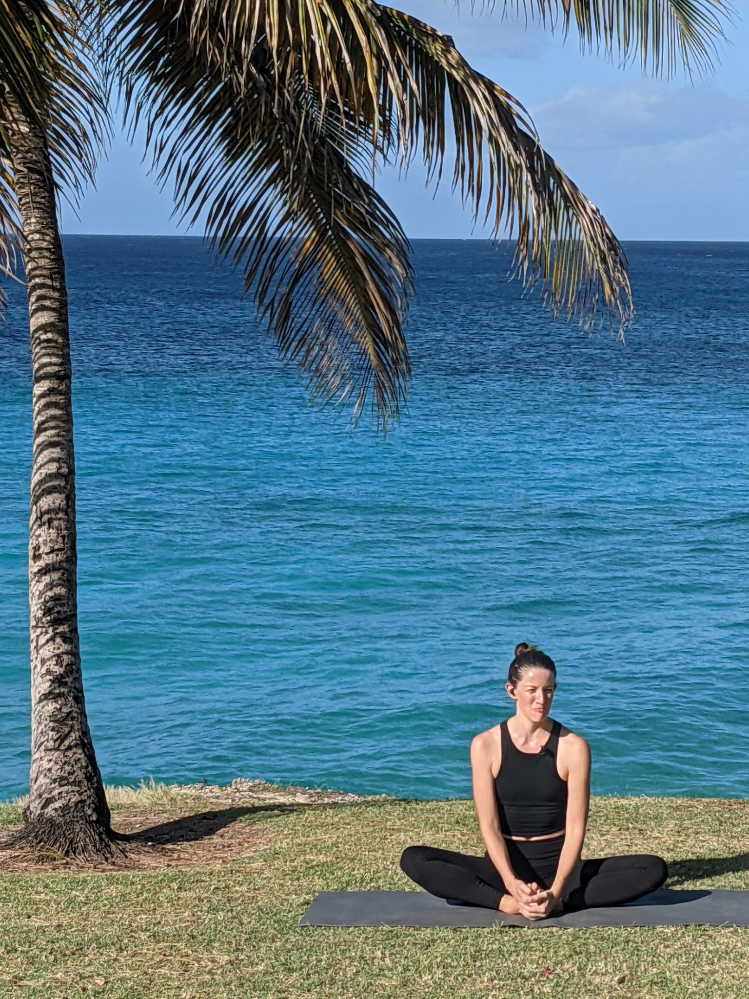 Joanie seated on an exercise mat beneath a palm tree beside the Barbados sea.